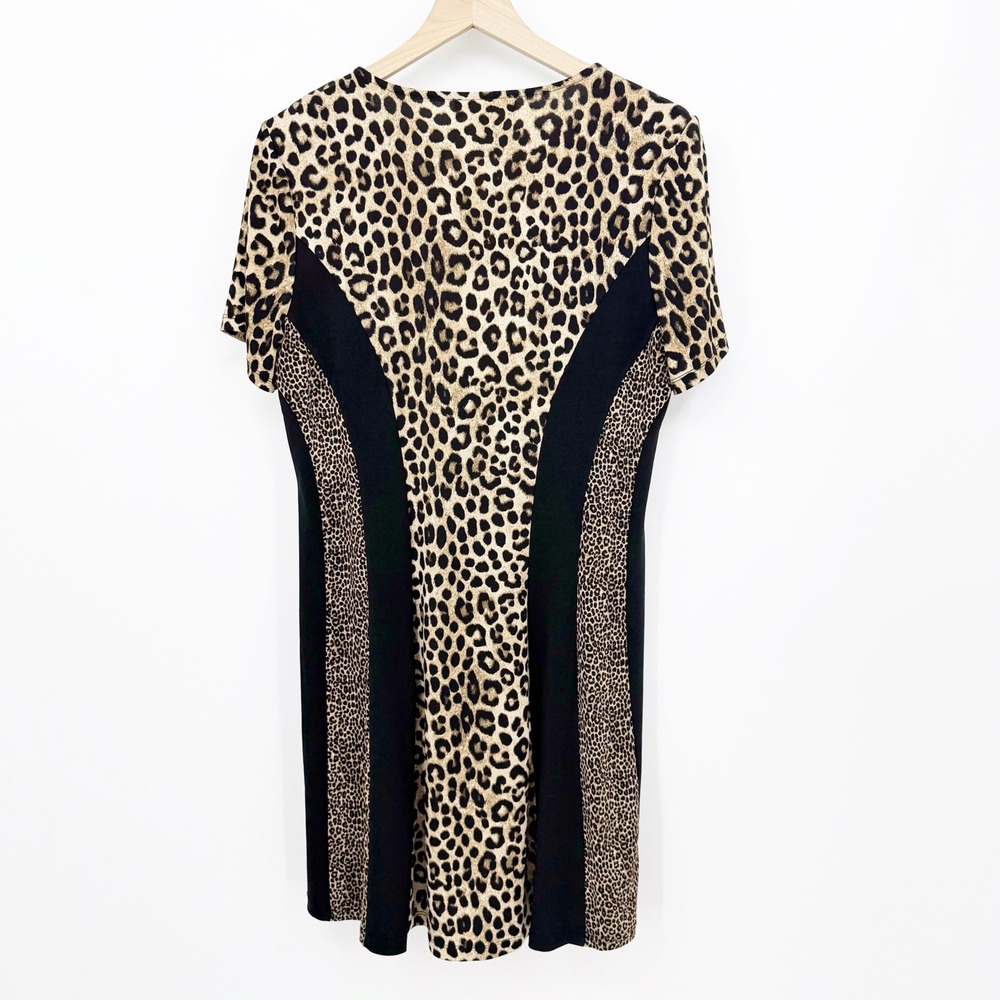 Michael Kors Cheetah Print Colorblock Shift Dress Black Tan L Mob Wife Stretch - Picture 4 of 5